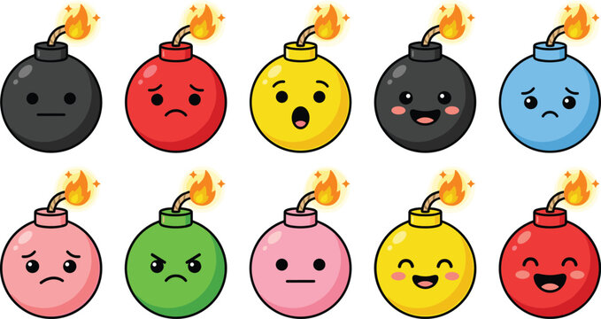 Cute Colorful Bomb Emoji Cartoon Mascot Character Set with Various Funny Facial Expressions for Gaming Digital Sticker Designs