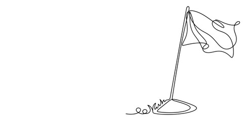 Continuous line drawing of a corner flag waving symbolizing football field action and match preparation, line art vector illustration. © Haus
