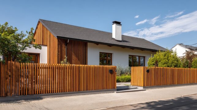 Modern suburban house with wooden fence and cladding on sunny day