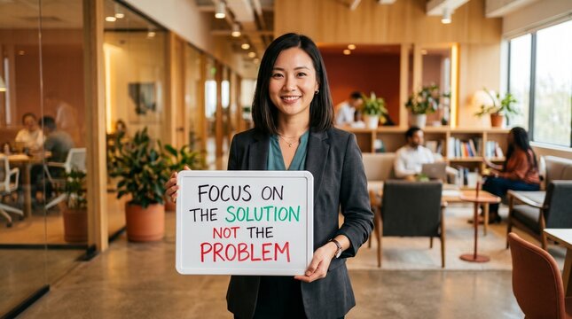 Employee centered in a bright workplace displays a cardboard message urging focus on the solution not the problem, while a busy office setting recedes softly into the background.