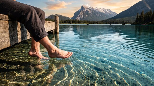bare feet dangle from a wooden pier into pristine alpine water against a backdrop of mountains. The mood is majestic, serene, and liberating.