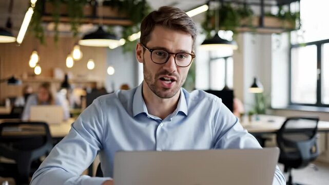 confident caucasian business man using laptop for video call in modern office. male manager talking during online meeting, webinar. corporate communication, remote work, virtual conference concept.