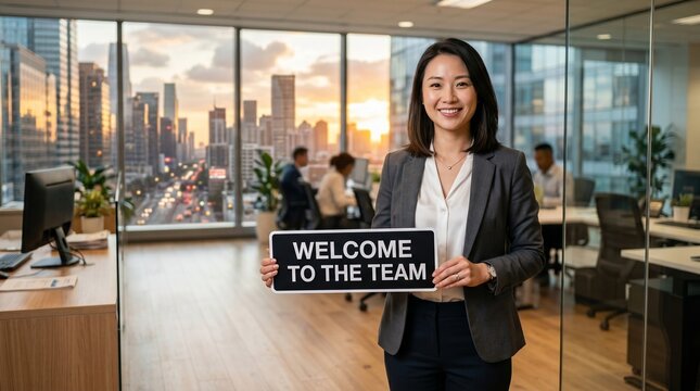 Businesswoman holds a welcome to the team sign inside a glass office, while coworkers collaborate at desks behind her and a city skyline glows through the windows at sunset.