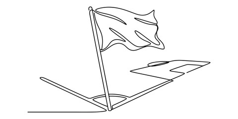 Continuous line drawing of a corner flag waving symbolizing football field action and match preparation, line art vector illustration. © Haus