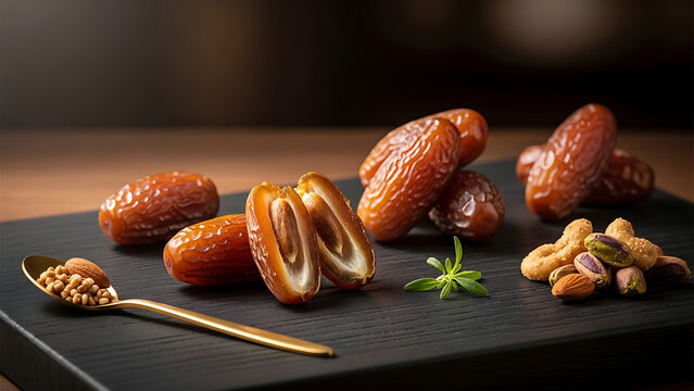 Sweet Dates and Nuts Assortment on Dark Tray with Gold Spoon