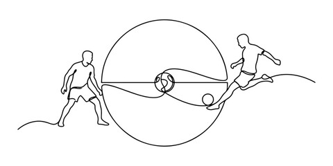 Continuous line drawing of a soccer field center circle symbolizing kickoff and competition start, line art vector illustration. © Haus