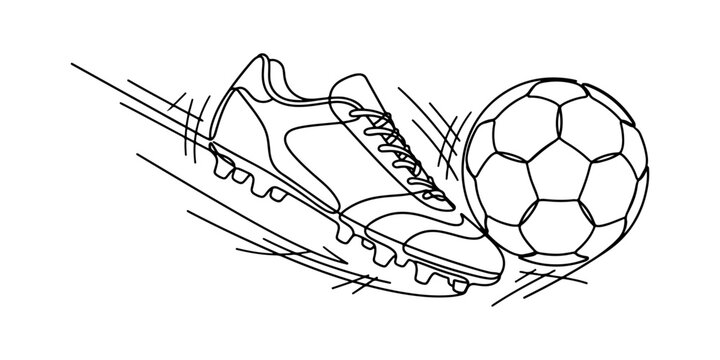 Continuous line drawing of a football boot striking a soccer ball symbolizing match action and competitive sports, line art vector illustration.