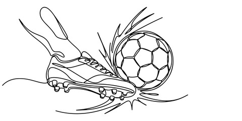 Continuous line drawing of a football boot striking a soccer ball symbolizing match action and competitive sports, line art vector illustration. © Haus
