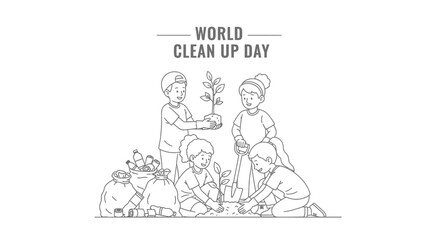 Obraz premium Group of diverse children planting trees and cleaning up the environment for World Clean Up Day.