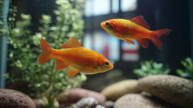A detailed clear photograph of an indoor aquarium featuring two bright orange fish, each with red fins, swimming in clear water. Ai generated