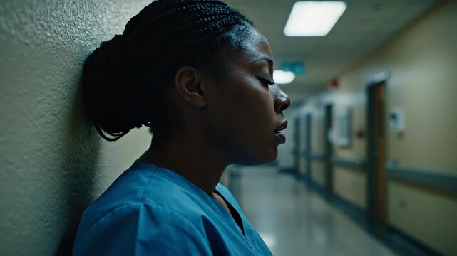 sad african american female nurse in scrubs leaning against hospital corridor wall. overworked healthcare worker, burnout, stress and fatigue concept.