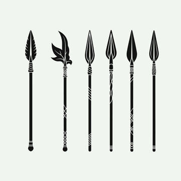 Collection of Ancient Spears and Polearms, Tribal Warrior Weapons, Vector Silhouettes