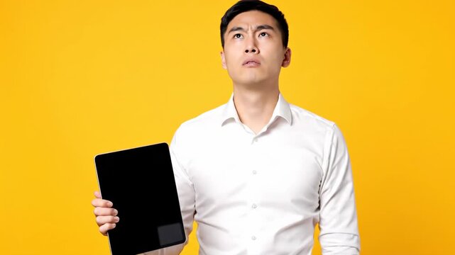 confused asian man holding tablet with blank screen against yellow background. frustrated male scratching head looking at broken device. technology problem, error, bad news, mockup space.