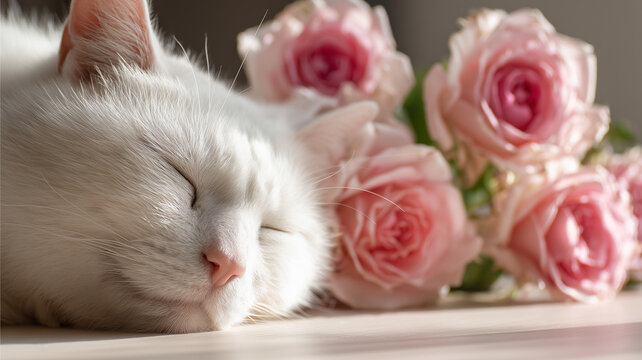 A sleeping white cat with its eyes closed, positioned on the left side of the frame. the cat's head is gently nestled on a light colored surface. Ai generated