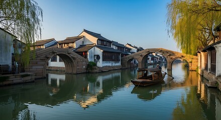 Obraz premium Traditional Japanese house with pond and bridge.