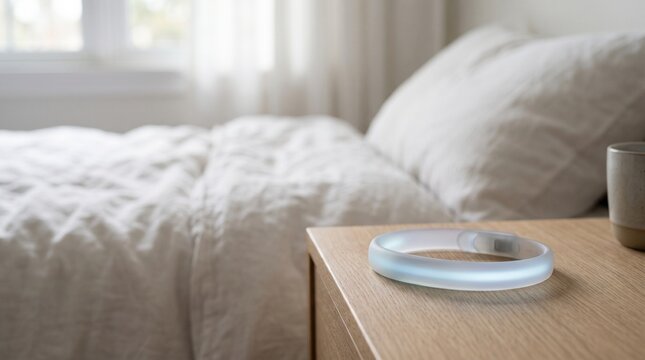 Modern bedside clock on wooden table next to cozy bed with white bedding  