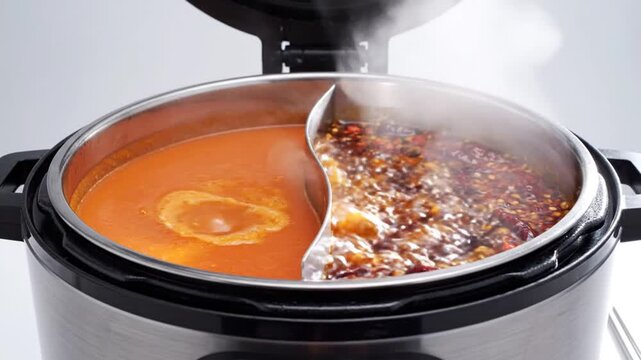 Hotpot cooker with dual compartments simmers spicy red broth and savory soup for a traditional communal dining experience in a modern kitchen setting.