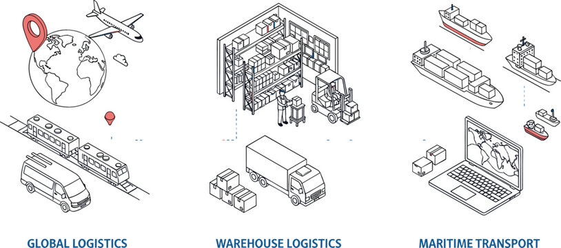 Global Logistics Isometric Line Icon Set with Warehouse Storage Delivery Trucks Freight Trains Cargo Ships and Air Transportation Systems