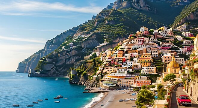 Colorful Coastal Village on Cliffside Mediterranean Shoreline.