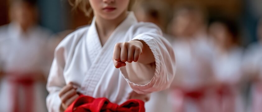 This image captures a young karateka executing a precise punch, highlighting discipline, determination, and a sense of focus within a martial arts training environment.