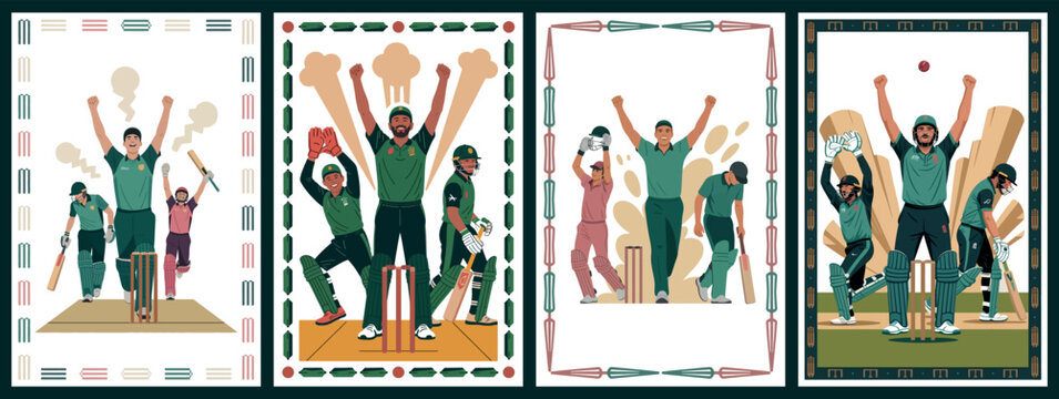 Cricket Victory Celebration Illustration Card Set with Champions and Trophy Moments