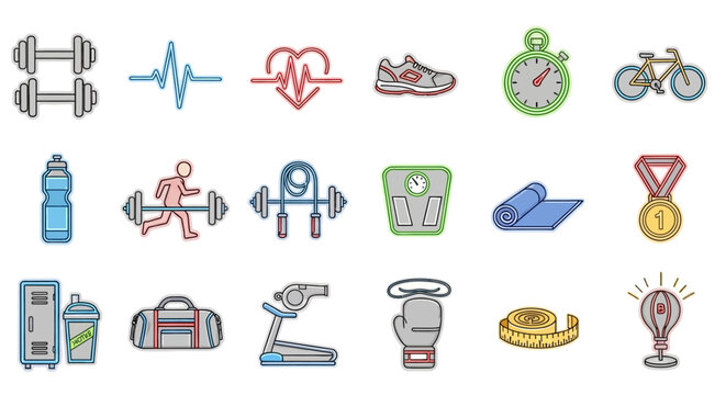 Fitness icons and workout symbols.