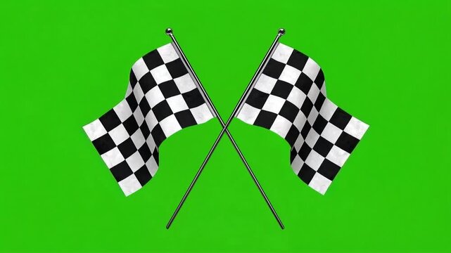 Checkered flags waving motion video featuring two crossed racing banners isolated against a bright green screen background for editing