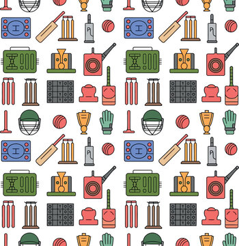 Cricket Sports Pattern with Equipment and Tournament Icons Seamless Background