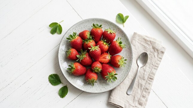 Fresh Red Strawberries on Ceramic Plate with Linen Napkin and Spoon on White Wooden Table