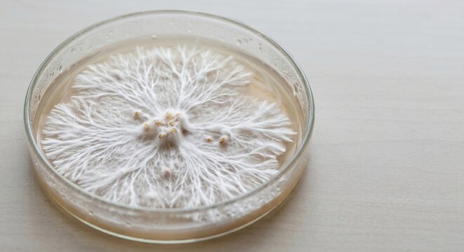 Macro shot of mycelium root structure growing in a petri dish on a white surface