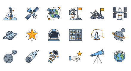 Space icons with various objects. © kely
