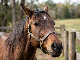 Fototapeta premium Brown horse with bridle standing in sunny rural field with wooden fence