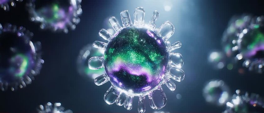 Abstract translucent liquid pathogen containing a swirling miniature aurora borealis inside its membrane