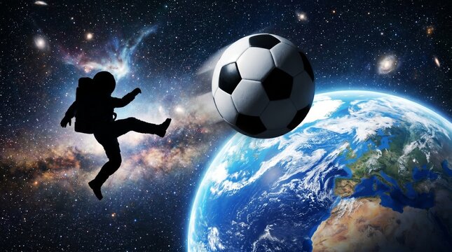  Astronaut Silhouette Kicking Soccer Ball Toward Earth in Outer Space with Galaxy Background
