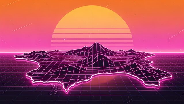 Neon pink wireframe map of Aruba island with glowing outline, set against a retro 80s synthwave sunset sky and digital grid landscape, perfect for futuristic travel concepts.