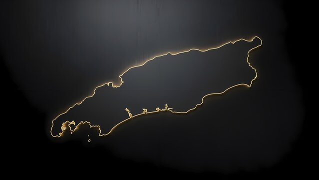 Aruba island glowing golden map outline on a sleek dark background, a modern 3D rendered geographical illustration showcasing the Caribbean territory with a vibrant neon light effect.