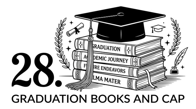Graduation Books Stack with Cap and Diploma, Academic Journey Concept