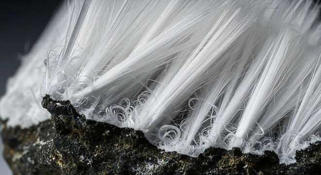 Extreme Macro Shot of Raw Chrysotile White Asbestos Fibers on Mineral Rock Highlighting Hazardous Material Used in Insulation and Siding Requiring Remediation
