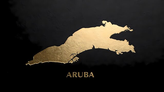 Aruba golden map 3D render illustration on textured black background, showcasing the island's geography with elegant metallic finish and typography.