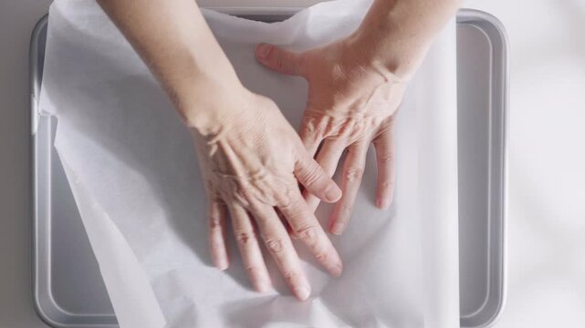 Hands place and adjust parchment paper inside a baking tray during kitchen food preparation. High quality 4k footage