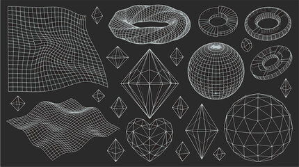 Futuristic 3D wireframe geometric shapes abstract grid landscapes hearts and spheres on dark background for sci-fi design vector illustration © Abul