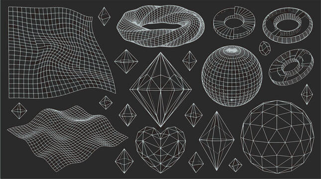 Futuristic 3D wireframe geometric shapes abstract grid landscapes hearts and spheres on dark background for sci-fi design vector illustration