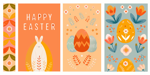 set of four vertical easter greeting cards with colorful designs rabbit eggs © Ripan