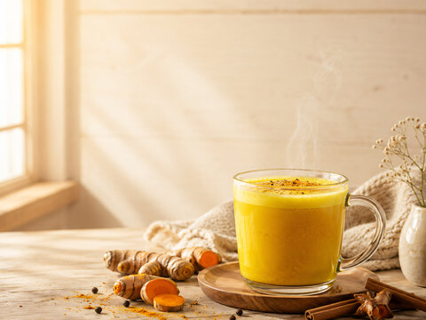 Golden turmeric latte haldi doodh in clear glass mug with fresh turmeric root and cinnamon, warm morning lifestyle wellness drink photography