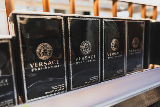 Almaty, Kazakhstan - August 03, 2025: Versace Pour Homme in a store window