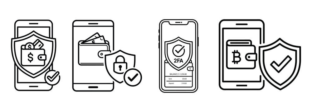 Fintech mobile security and crypto wallet vector icon set, safe digital banking symbols