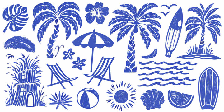 tropical beach elements vector illustration on white background palm tree umbrella surfboard