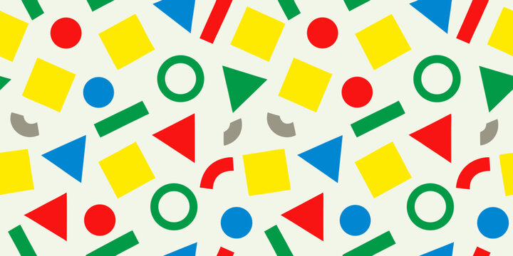 colorful geometric shapes in memphis style pattern triangle circle square rectangle arc