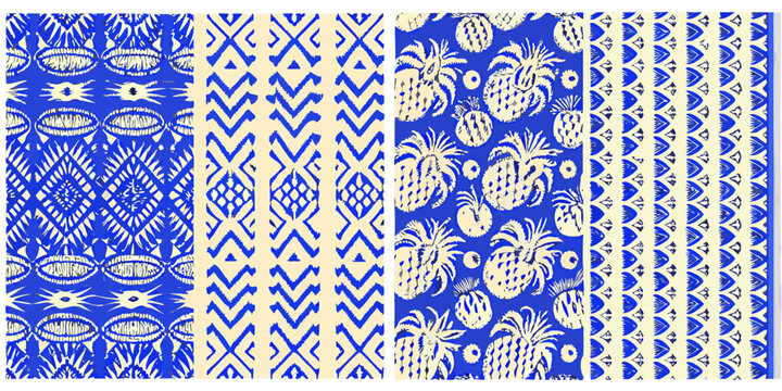 tropical folk art patterns in blue and cream vector illustration pineapple geometric