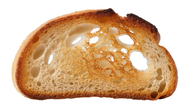 Toasted bread slice with large air bubbles and crispy crust